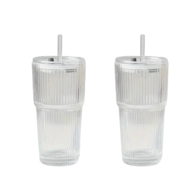 

Набор из 2 стаканов для воды большой емкости 600 мл/21 унция, новый женский летний стеклянный стакан с крышкой и трубочкой, стеклянный стакан в вертикальную полоску 601-700ml