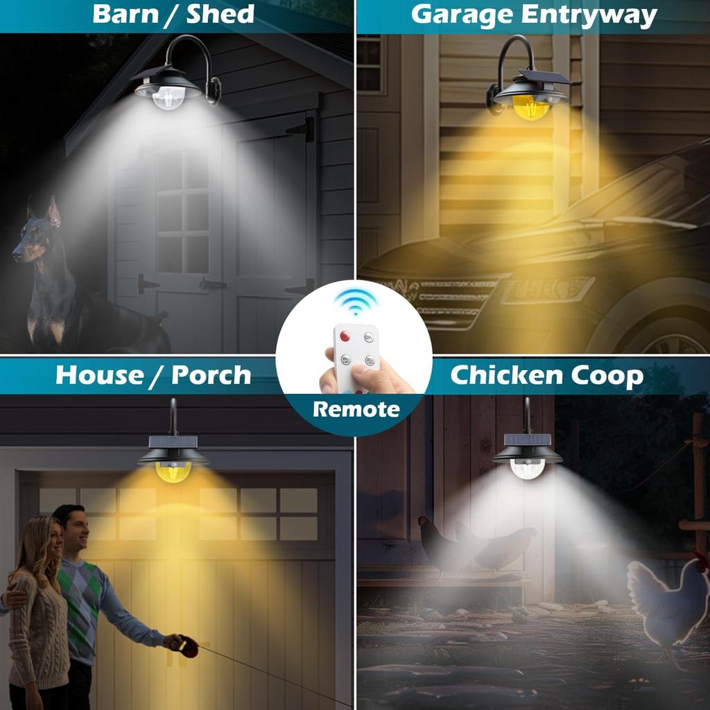 Solar Barn Lights 3 Modes 2 Lighting Ways, Gooseneck Farmhouse Wall Light Waterproof with Remote Control/Motion Sensor