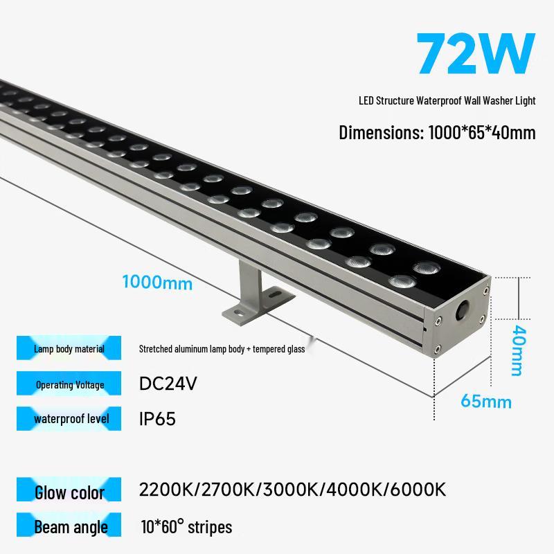 Outdoor Waterproof High-Power 72W LED Linear Wall Washer Light, 6000K