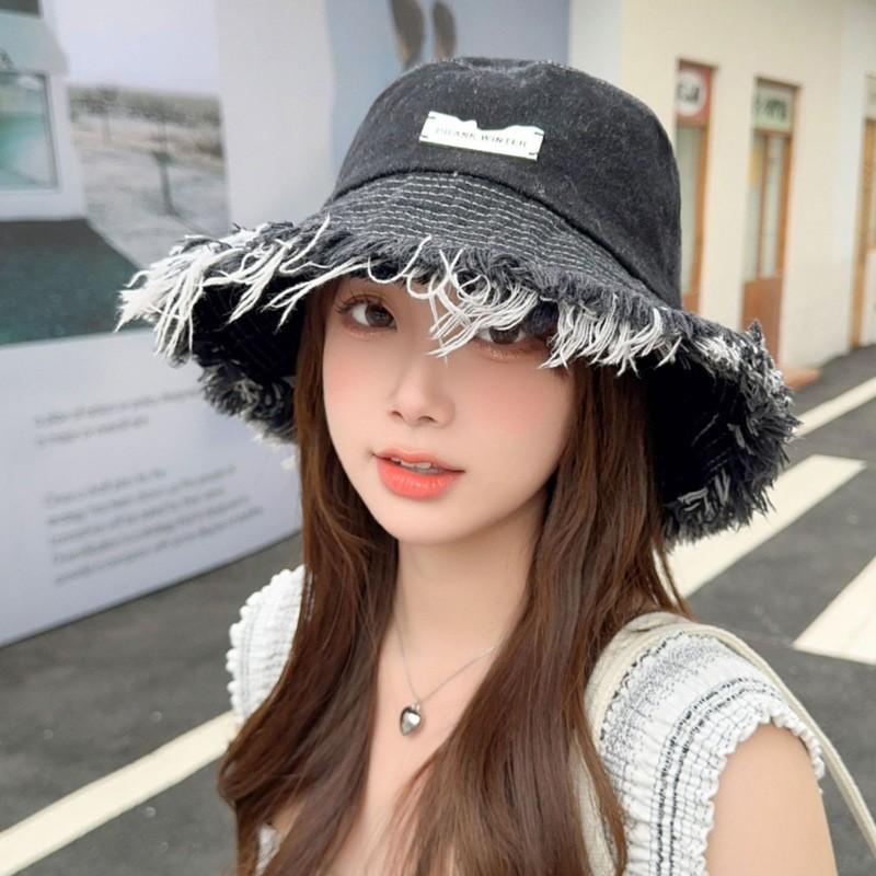 Autumn and winter hat women's rough edge old washed denim bucket hat big brim showing face small bucket hat versatile basin hat