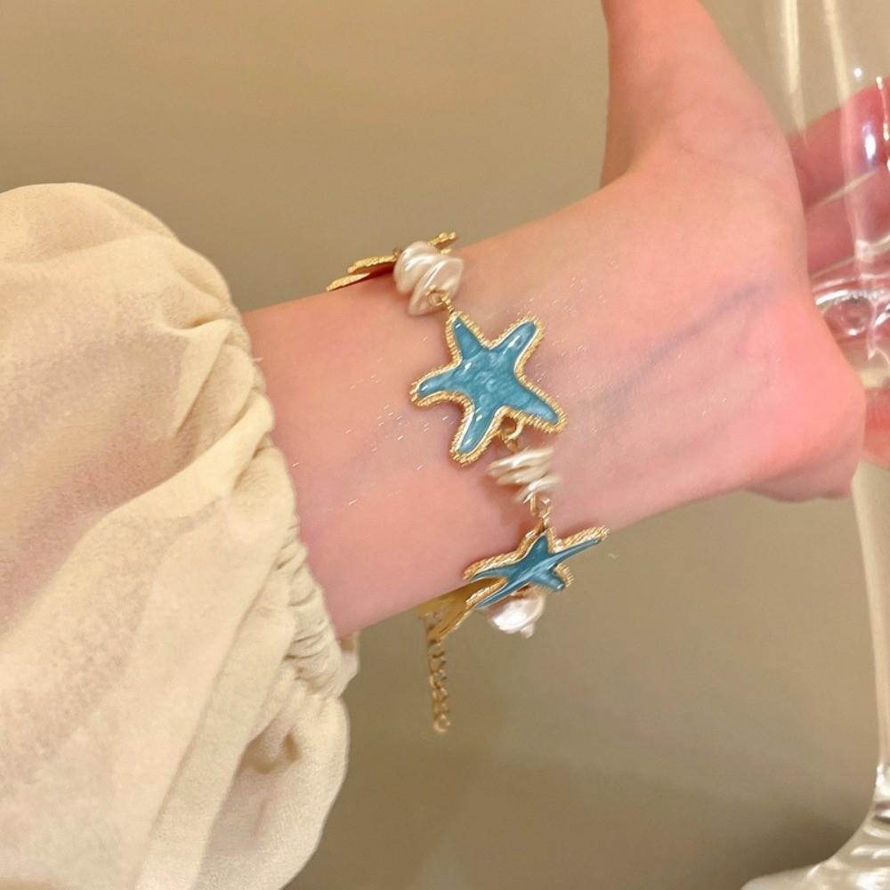 Bohemian Style Acetate Starfish Bracelet Ornaments with Pearl Decorations Acetic Acid Star Bangle Alloy Beach Hand Chain Women