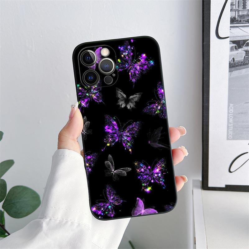 Butterfly Love Black Phone Case for iPhone 11 15 16 Pro Max Case Coque 14 Plus 13 Pro 12 11 XS 16 8 SE 2020 15Pro TPU Soft Cover