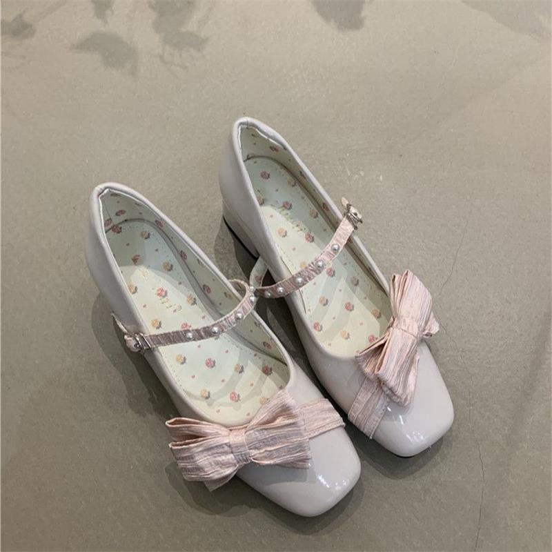 Fairy Wind Cherry Pink Mary Jane Shoes 2025 Summer French Temperament Pearl Bow Square Head Shallow Mouth High Heels