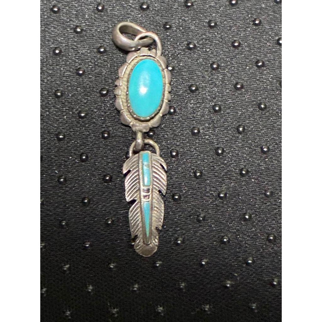 Used 925 Silver Turquoise Feather Necklace Pendant Top Indian Jewelry