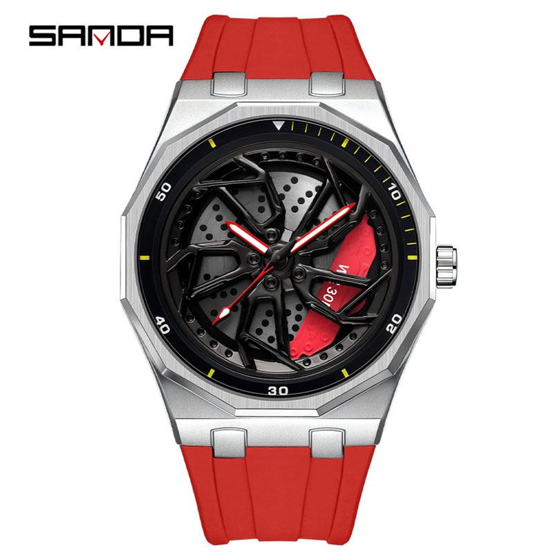 Sanda Men's Waterproof Alloy Car Wheel Design Silicone Wristwatch