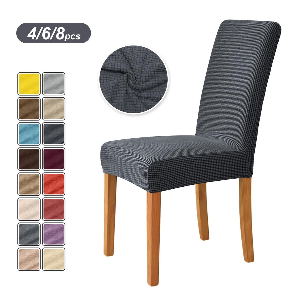 4PCS Stretch Dining Chair Covers Feature Textured Checked Jacquard Fabric High Back Chair Slipcover Thick Chair Protectors