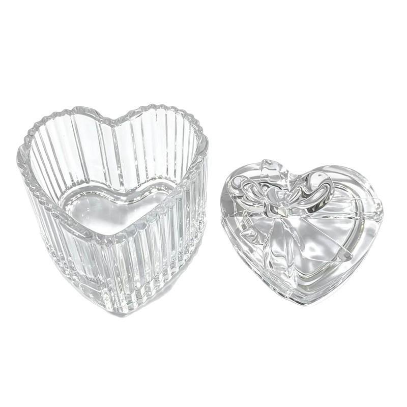 Clear Glass Heart Shaped Jewelry Storage Box Bow Knot Lid Ribbed Texture For Vanity Table Storing Earrings Rings