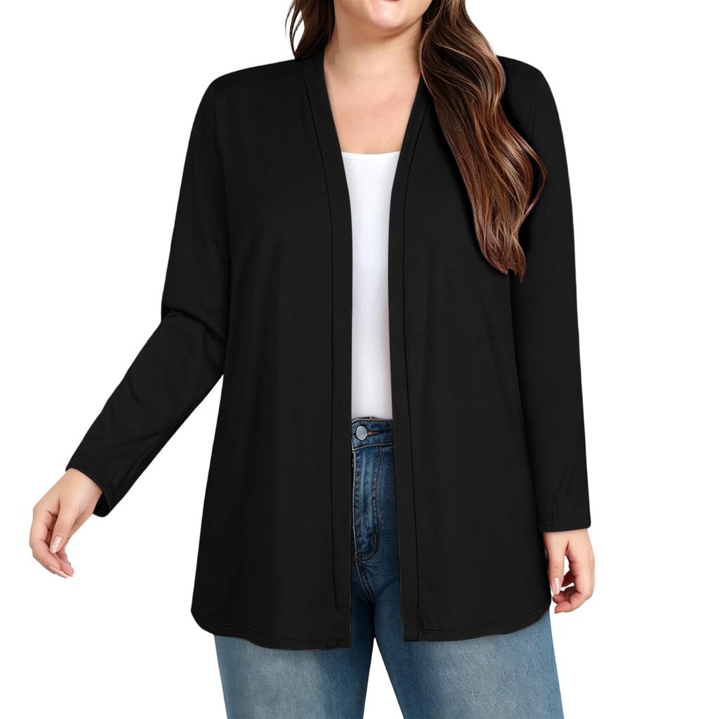 Women's Plus Size Soft Milk Silk Cardigan with Three-Quarter Sleeves and Pockets for Casual Everyday Wear