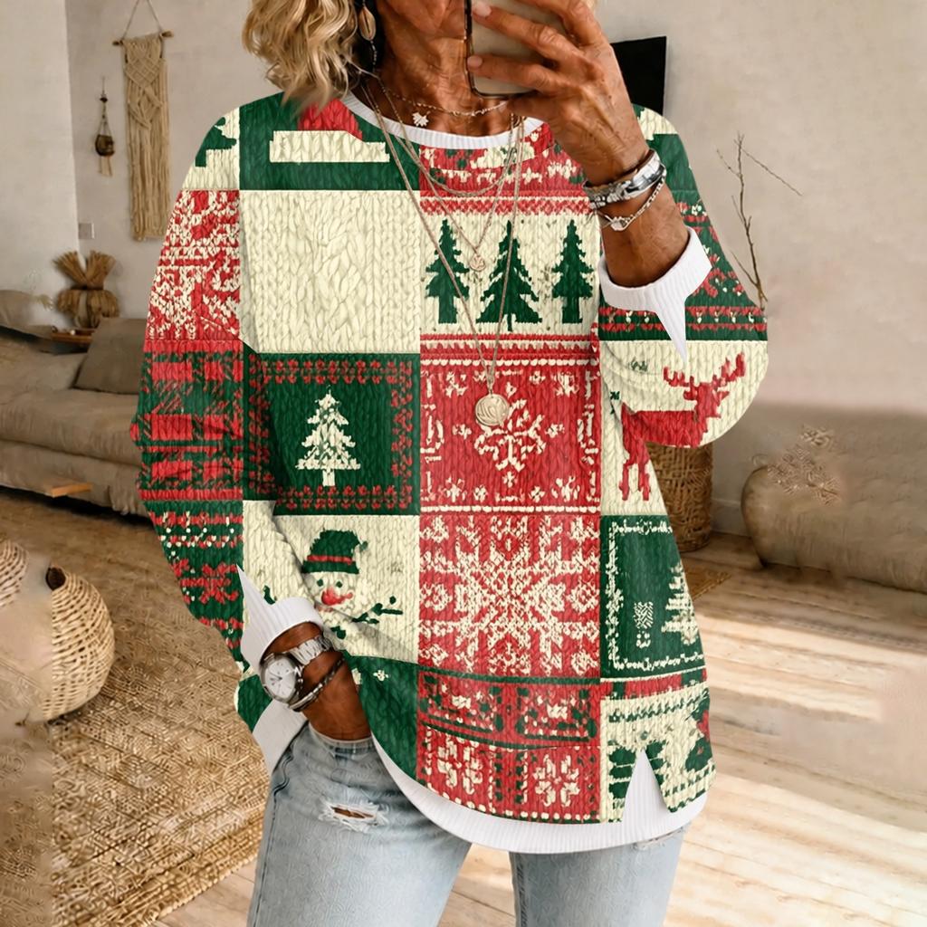 Women's Casual Christmas Print Long Sleeve Pullover with Round Neck