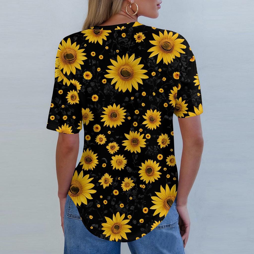 Kurzarm Damen Tops Sommer T-Shirts Blumendruck V-Ausschnitt Casual Basic Tee Button Shirts Tunika Tops