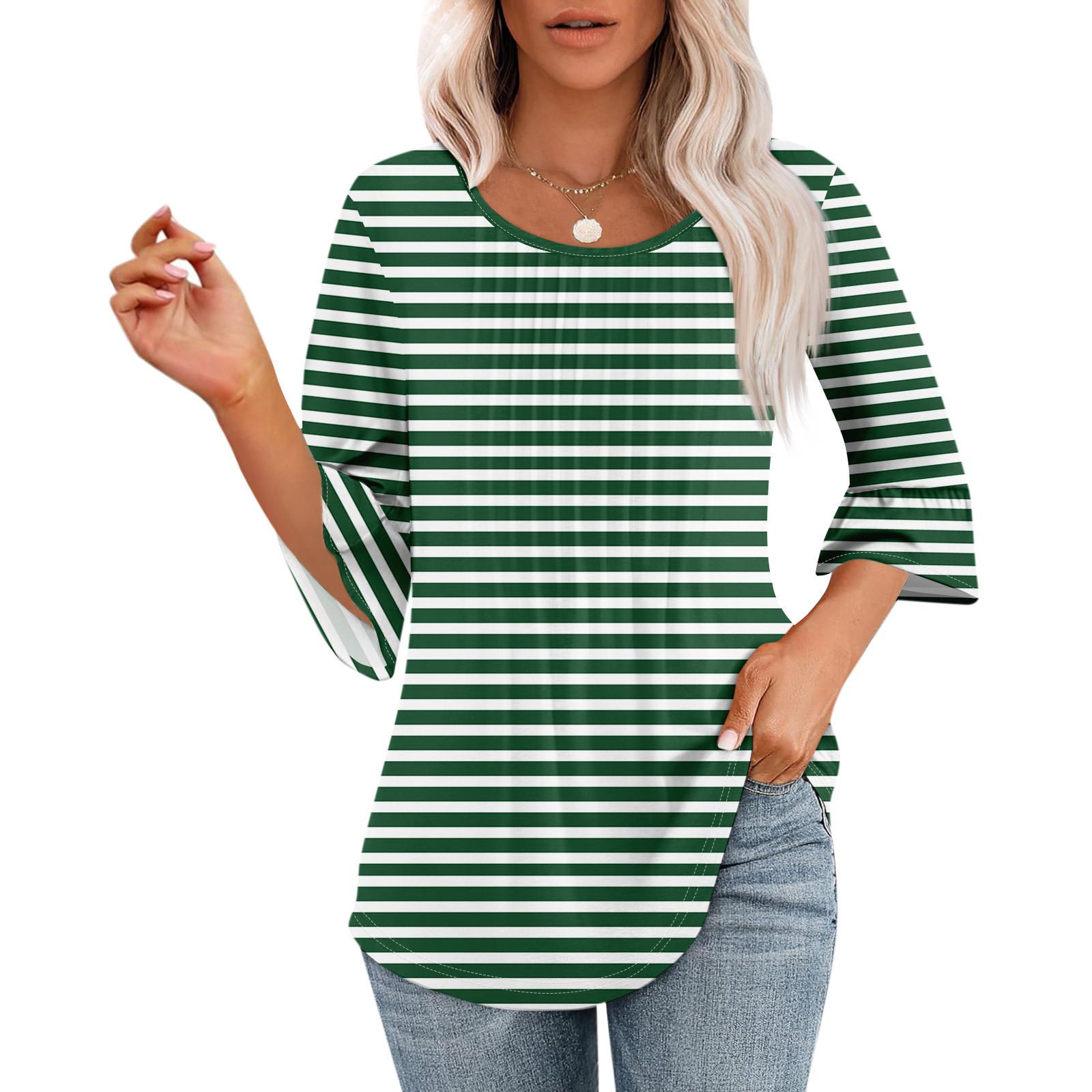 

Женские топы с рукавами-колокольчиками 3/4, летние плиссированные рубашки с круглым вырезом, модные нарядные повседневные блузки-туники свободного покроя M зелёный