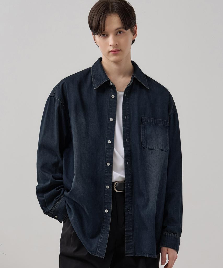 DRAW FIT Vintage Washed Denim Shirt [Black]