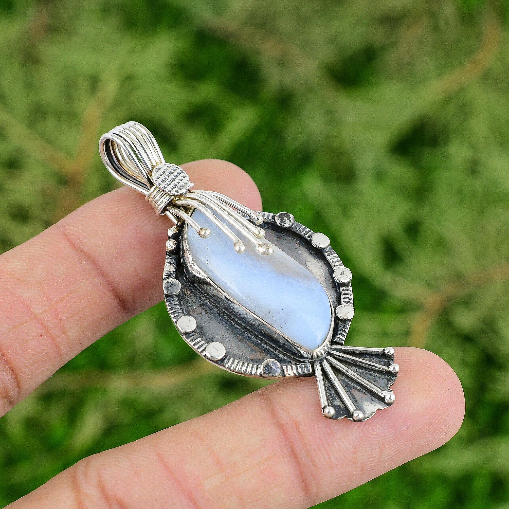 

Friendship Day Deal 925 Silver Blue Lace Agate Gemstone Art Deco Bezel Pendant
