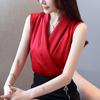 Real video summer sleeveless chiffon shirt femininity thin V-neck OL satin shirt vest