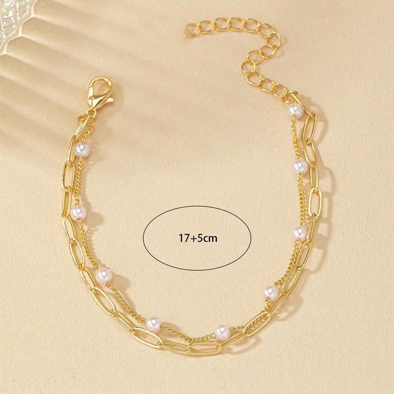 Hot-selling 4mm imitation pearl chain metal square bracelet 2-piece set women's double-layer simple hand jewelry