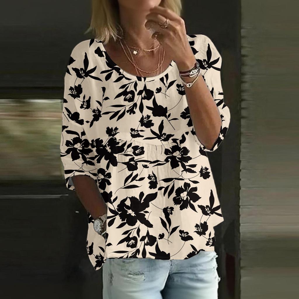 Top casual de damă cu mâneci trei sferturi, larg, cu gât rotund și imprimeu floral