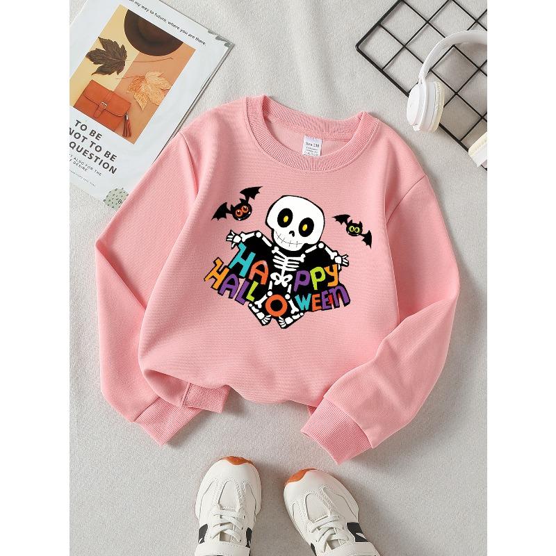 Kids Sweatshirt,Crew Neck Fashion Sweatshirt for Halloween Featuring Skeletons And Bats, a Stylish Autumn And Winter Top