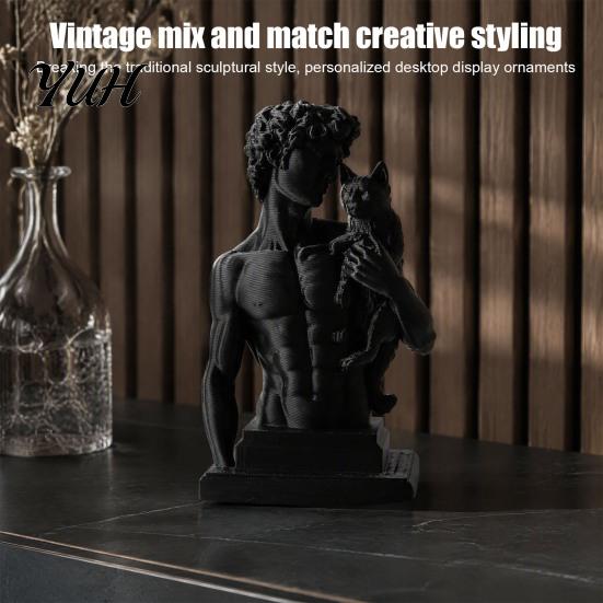 Stylish Living Room Decor 3D Printed David Statue with Cat, European Classic Art Sculpture Figurine Retro Home for Office Decor, Modern Desktop