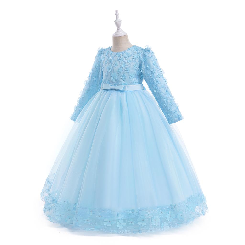 Flower Girl Princess Dress For Weddings Summer Kid Formal Bow Long Gown For School Evening Party Children New Year Cloth DZ752