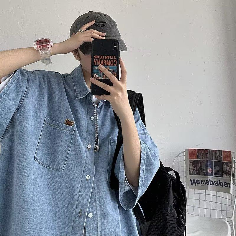 Denim Shirt Men's Summer Thin Section Short-sleeved Shirt Loose Medium-sleeved Jacket