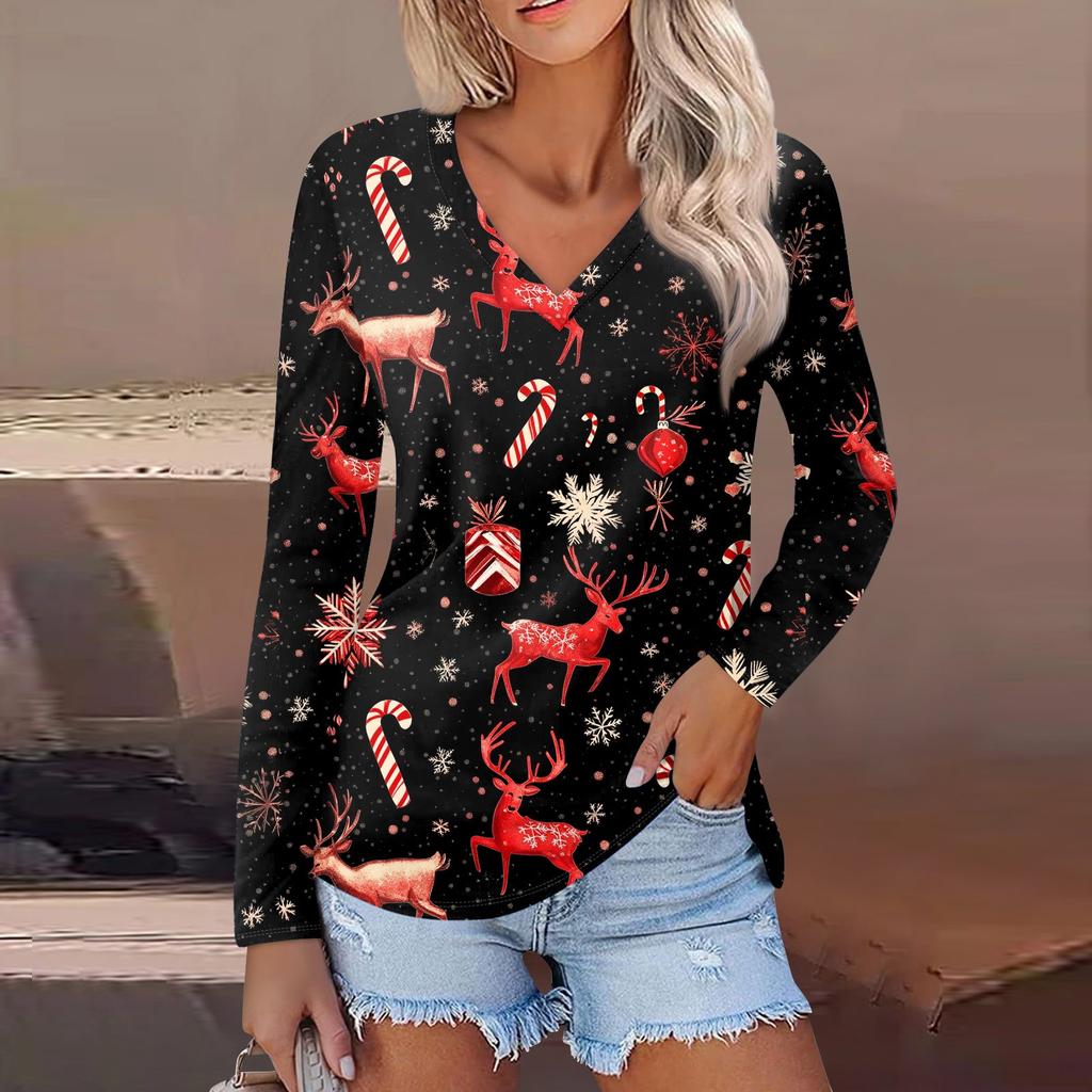 Women's Casual Fashion Sexy Comfortable Christmas Printed V-Neck Long Sleeve Top