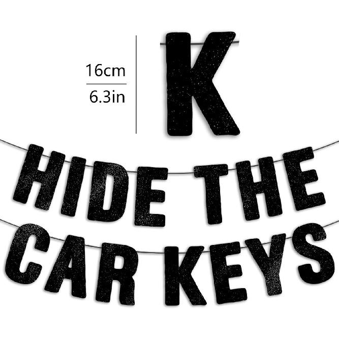 Pre-Strung Hide The Car Keys Banner - Black Glitter, 16th Birthday Decorations for Girls, 15th Birthday Decorations for Boys, Sweet 16 Party