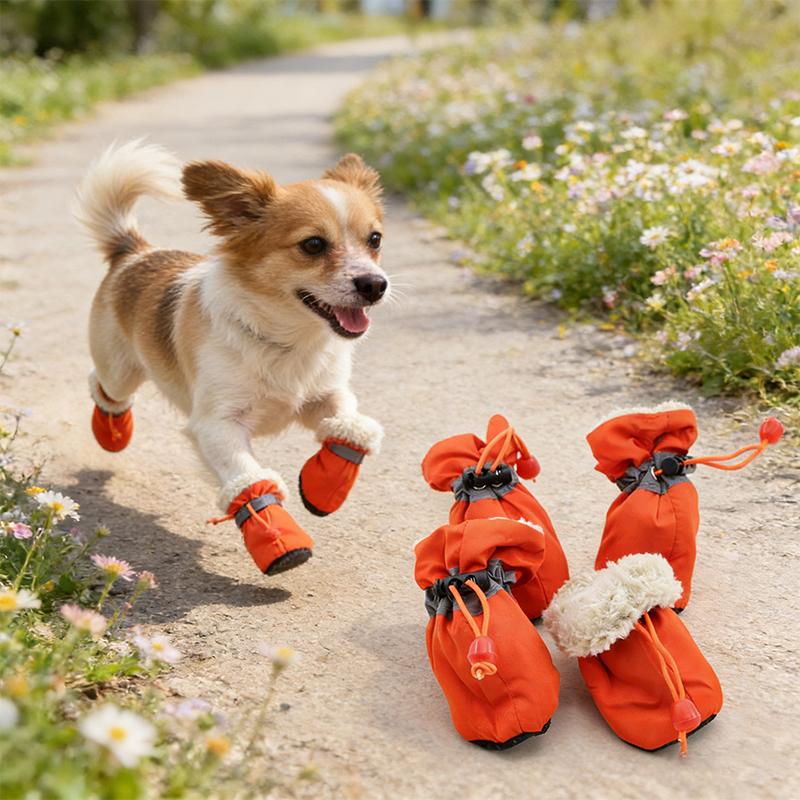 4PCS/Set Fleece Lining Puppy Waterproof Breathable Drawstring Design Cute Pet Shoes Winter Outings Multiple Colors