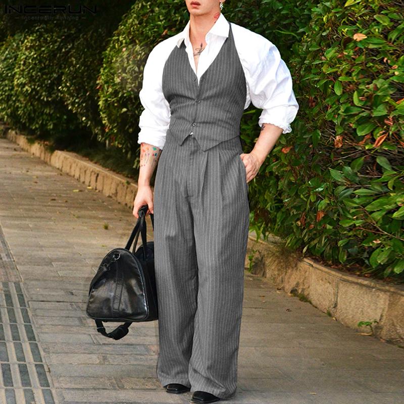 INCERUN Two Pieces Men Halter Neck Sleeveless Vest and Zipper Up Long Suit Pants Sets