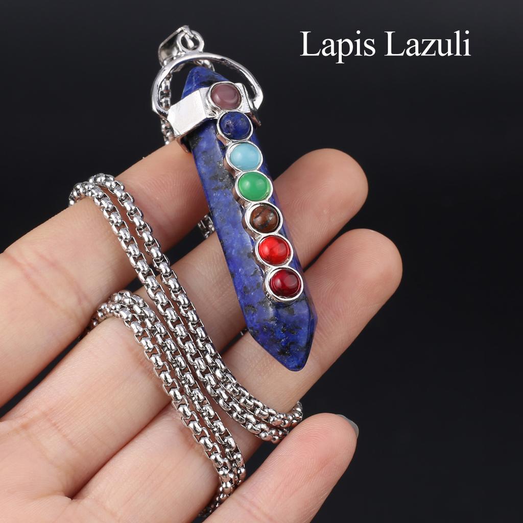 1Pc, Spiritual Healing Crystal Pendant Necklace, Geometric Double-pointed Hexagonal Pyramid Inlaid Seven Chakra Gems Charms Necklaces for Women Men