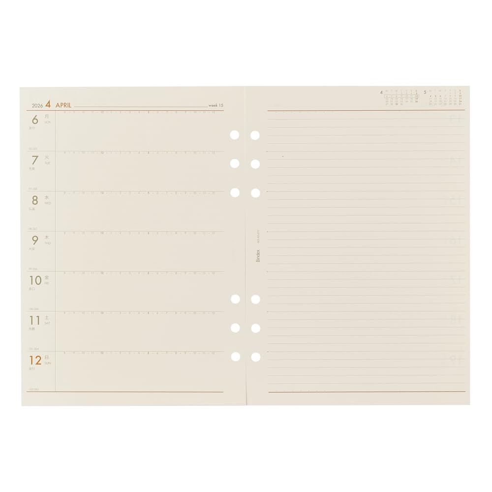 Nolty Baindex System Organizer A5 January Refill, 6-Hole, 2026, Weekly, Left-Hand Type, A5-011 (Starting 2026)