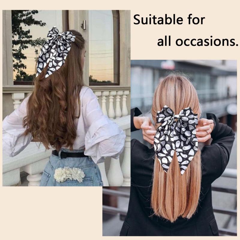1pc Chic Halloween-Themed Bow Hair Clip - Black & White with Spooky Ghosts & Pumpkins Design, Silky Polyester