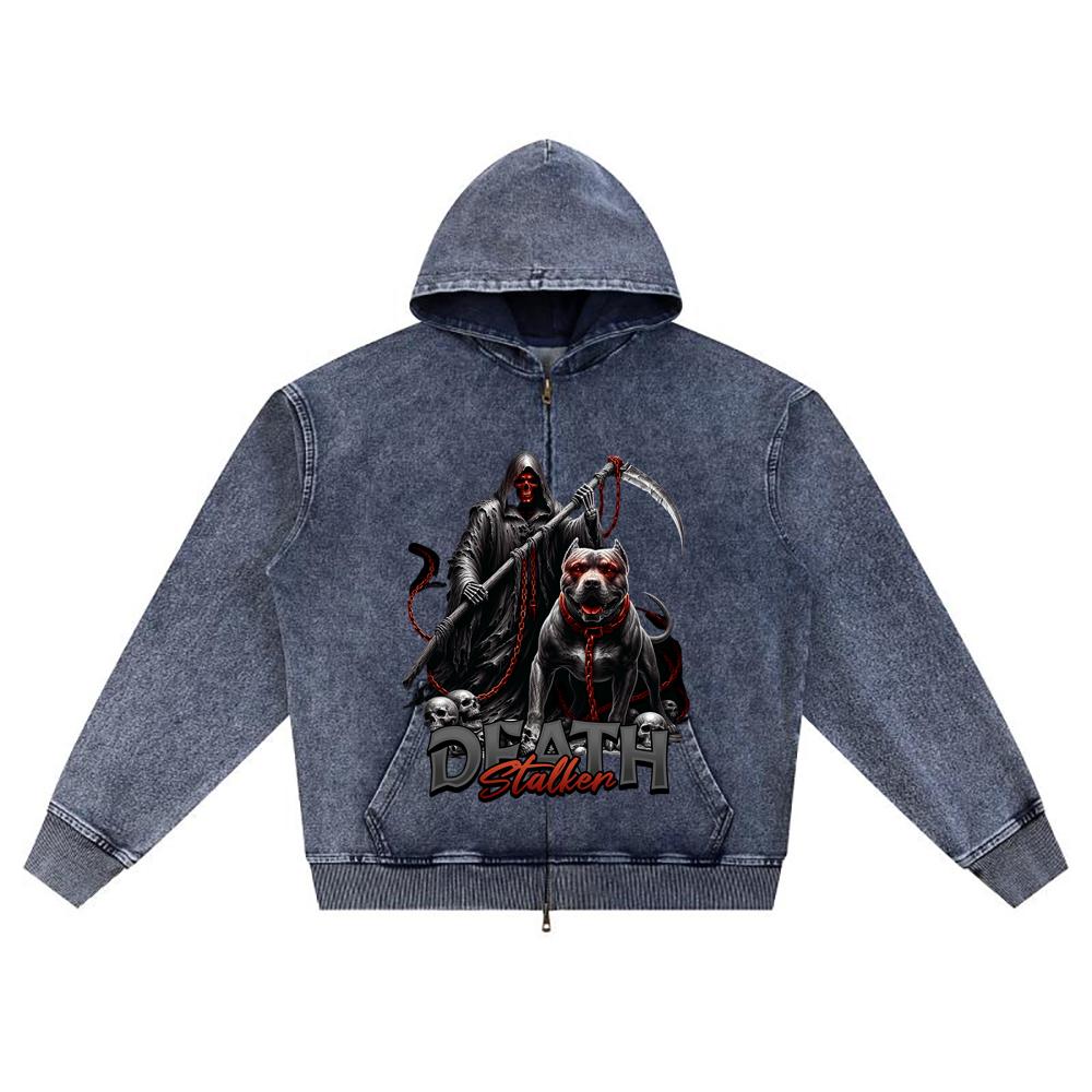 

DTG print Knitted Denim Zip-Up Hoodie Death Stalker Brother Print Zipper Hoodies XL темно-синий