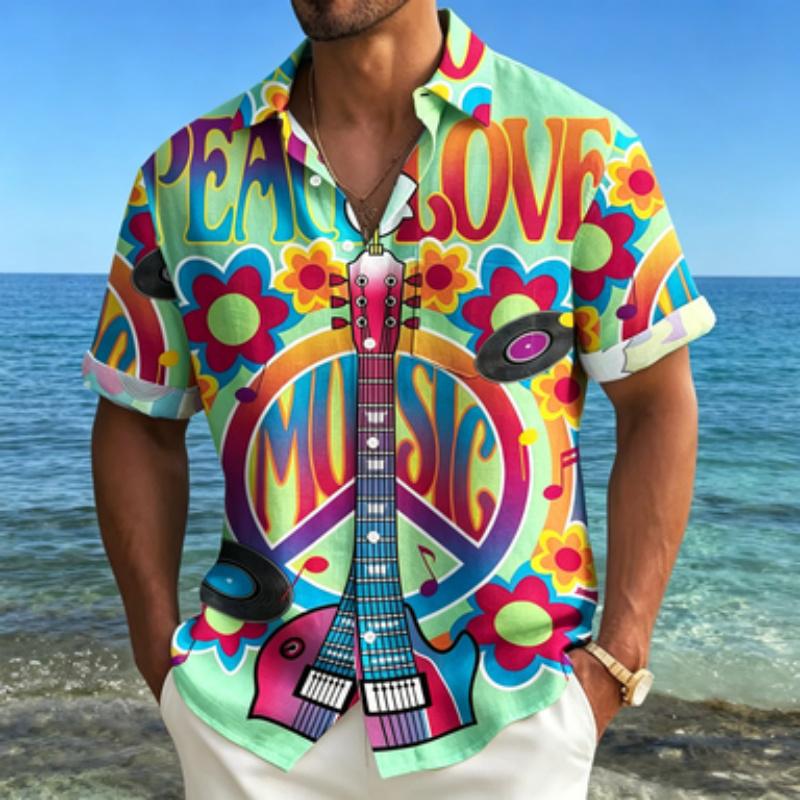 Men's Short Sleeved Shirt with Lapel Collar, Retro Guitar and Peace Logo Printed Shirt, Hippie Style Music Floral Printed Top