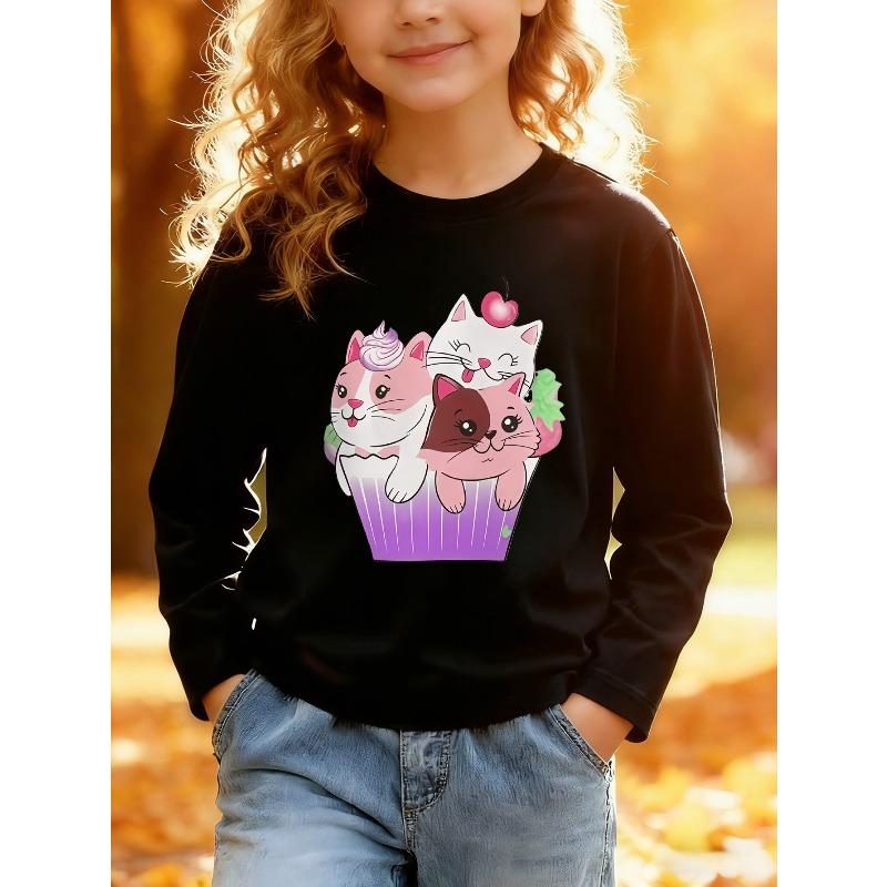 European Sizes Kids' Long Sleeve Top, Fashionable Round Neck Sweatshirt with Cute Cartoon Cat Print, Adorable Top for Daily Casual Wear