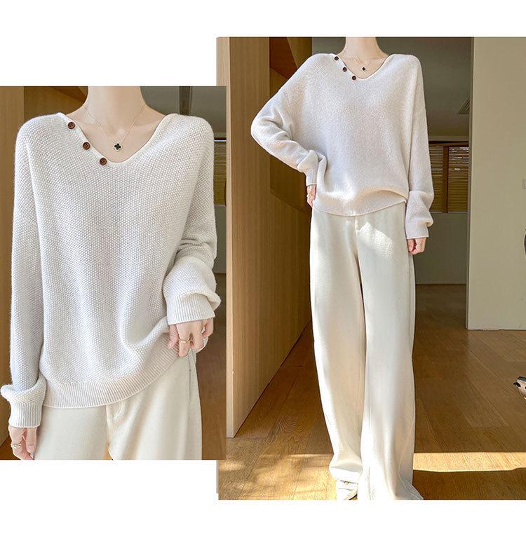 Women's V-Neck Cable Knit 100% Wool Sweater - Autumn/Winter, Solid Color, Loose Fit, Long Sleeve, Cozy Cashmere Layer