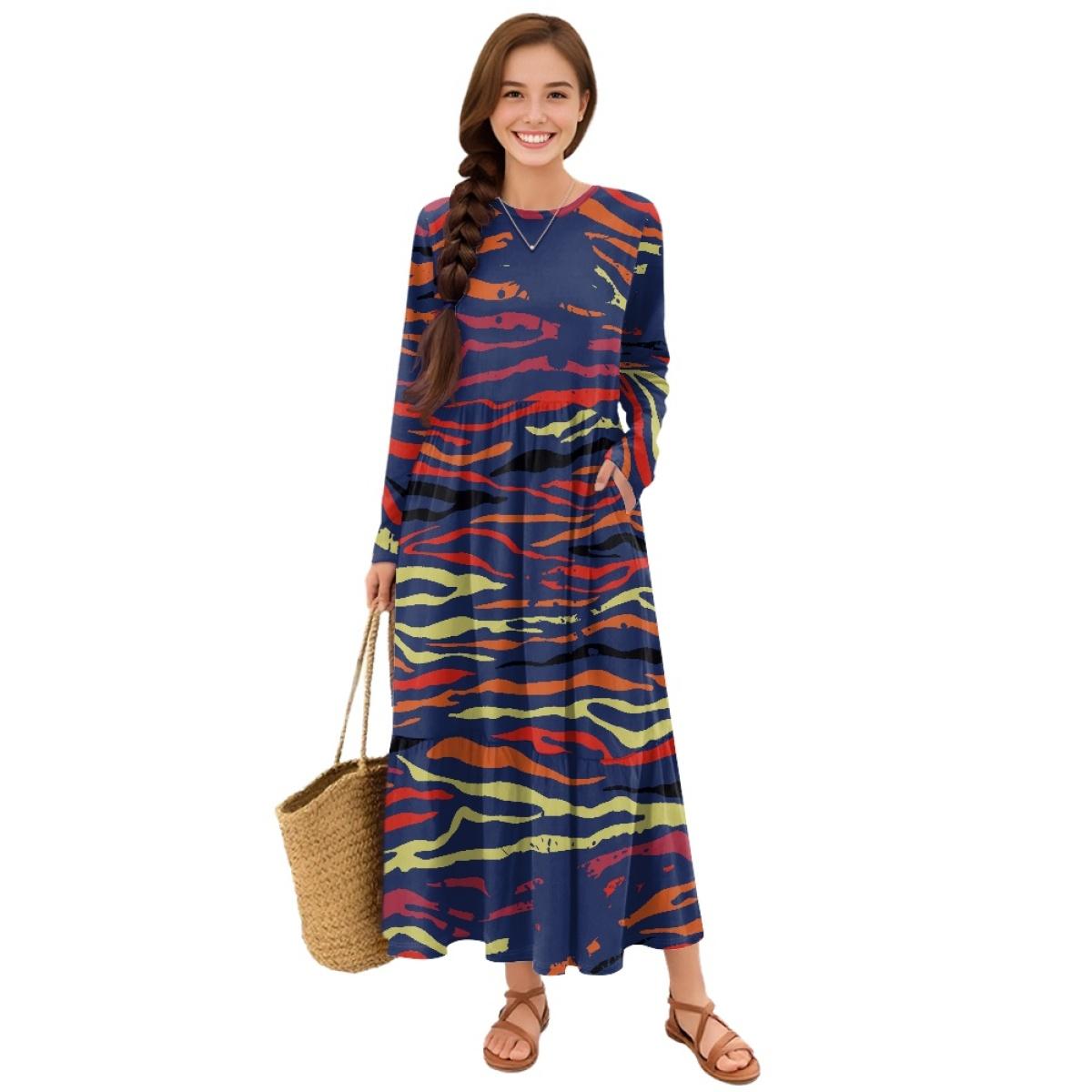 Casual Loose Long Sleeve Dress Women Patchwork Hem Midi S