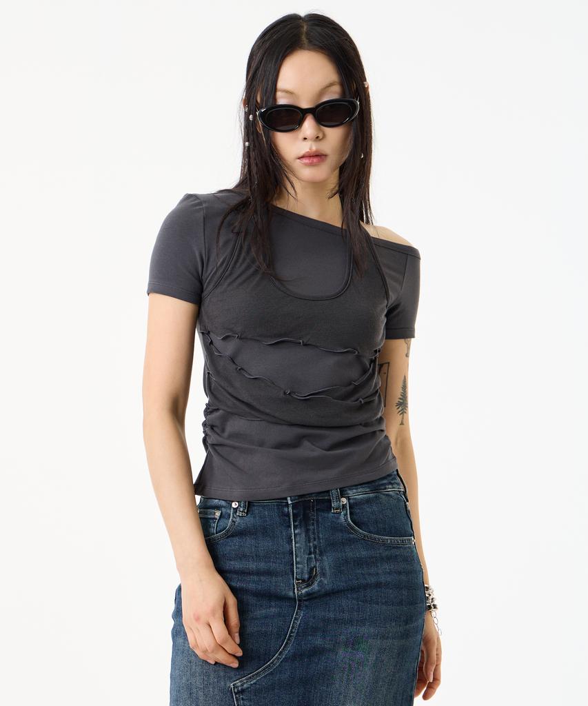 UNKNOWN PLANET Layered Deconstructed Slim T-Shirt Charcoal