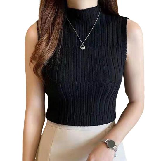 Women Bottoming Vest Solid Color Tops Collar Sleeveless Knitting Half High Slim Fit Tank Tops