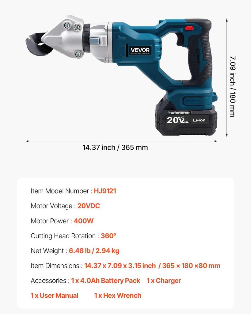 Metal Shear, Cordless Sheet Metal Cutter with 360-Degree Pivoting Head, Double Blades, 220VAC 20VDC, Cuts 1.22 mm Galvanized Steel, 1 mm Stainless