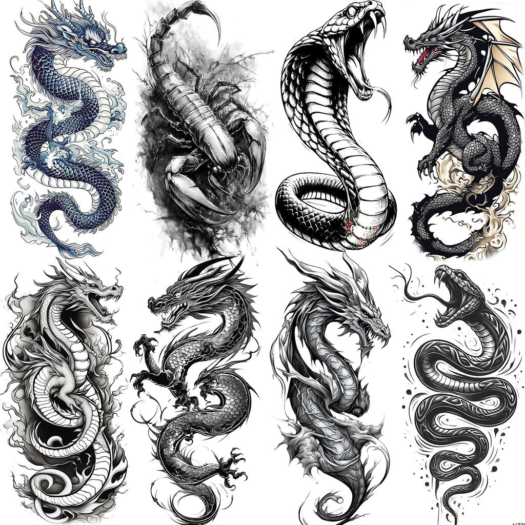 1 Foglio Tatuaggi Temporanei Drago Cobra Serpente Aggressivi Per Uomini Donne Braccio Tatuaggi Impermeabile Realistico Falso Tatuaggio Adesivo Lunga Durata