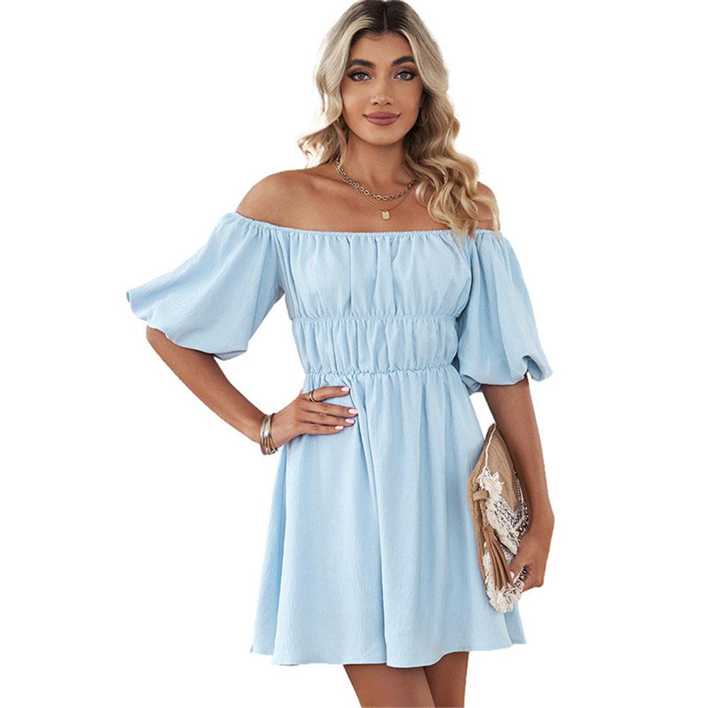 Damen Sommerkleid mit langen Laternenärmeln, schulterfreiem Minikleid, gerüscht, A-Linie, quadratischer Ausschnitt, fließendes Swing-Strandkleid
