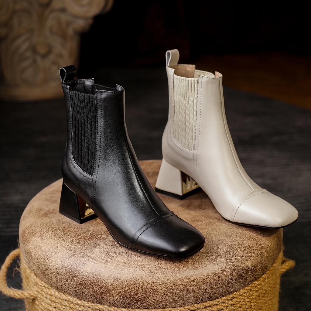 Fashion Kaky's New Square Head Genuine Leather Cowhide High Heel Large Size Women's Boots Short Boots Fashion Boots