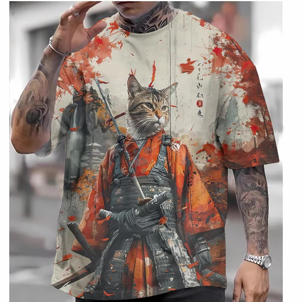 Style T-Shirt for Men Autumn Warrior Cat Graphic T Shirts 3D Printed Short Sleeve T-Shirts Men's Clothing Shirt