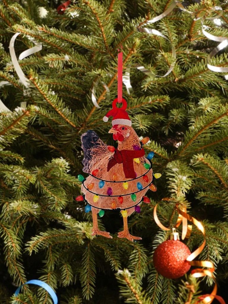 Cute Christmas Chicken Hanging Decoration Acrylic Rooster Ornament with Santa Hat & Scarf Pendant for Xmas Tree, Home&Party Gift