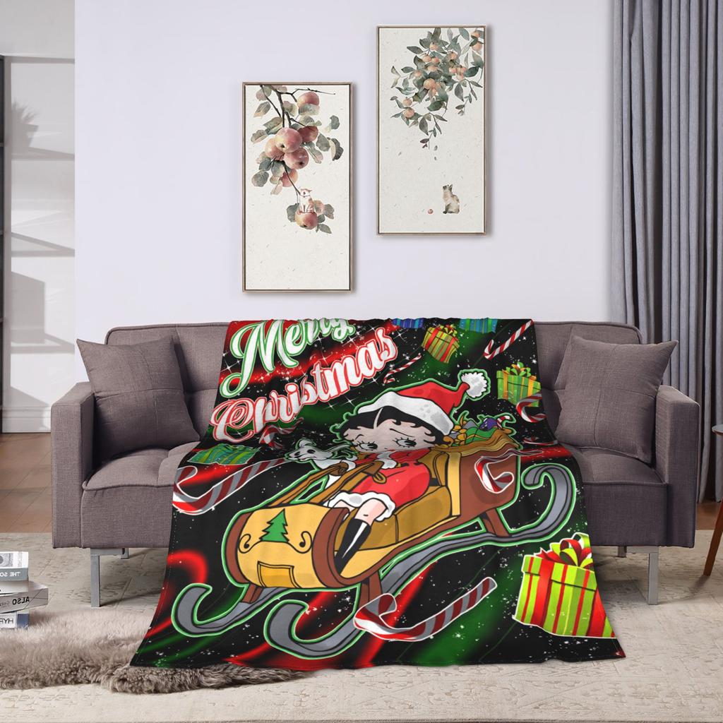 B-Bettys Boops Merry Christmas (2) Flannel Blanket Warm Soft Throw Blanket for Bedroom Picnic Novelty Bedspread Sofa Bed Cover