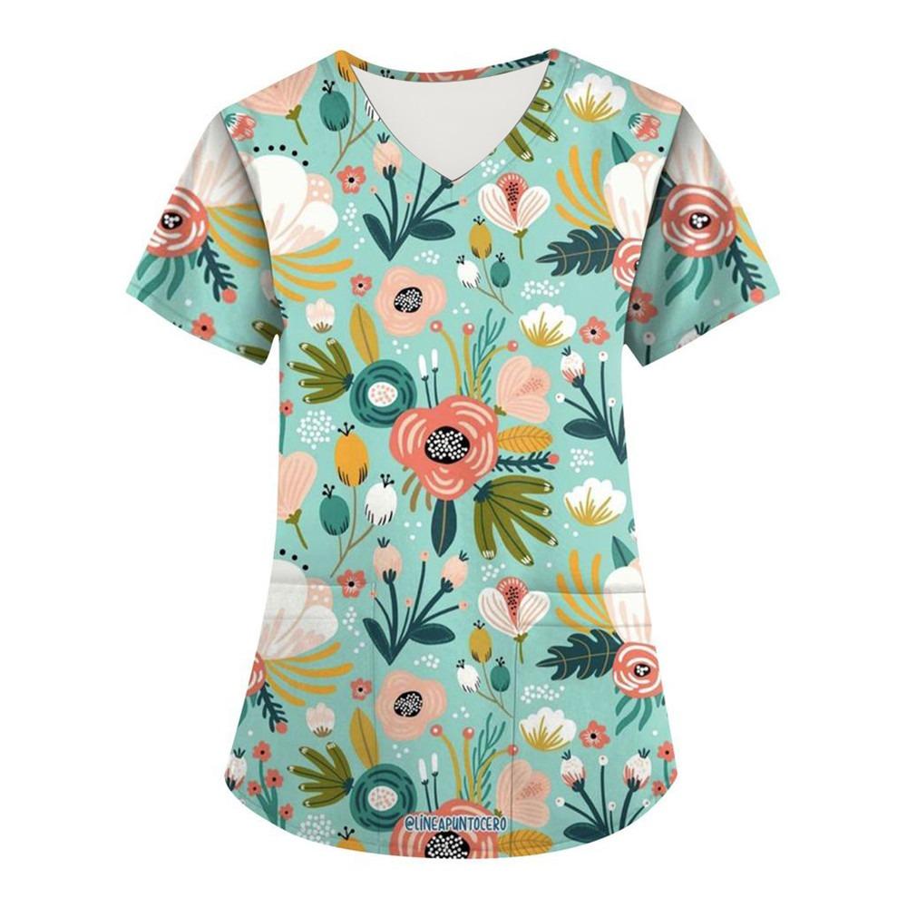 

Женская униформа медсестры с цветочным 3D-принтом, топы с V-образным вырезом и карманом, медицинская униформа, футболка с коротким рукавом для медсестер, рабочая одежда M