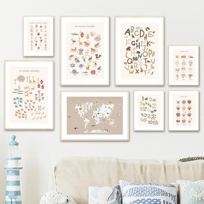 Animal World Map Cartoon Alphabet Number Weather Chart Art Canvas Painting Nordic Posters Prints Wall Pictures Kids Room Decor No Frame