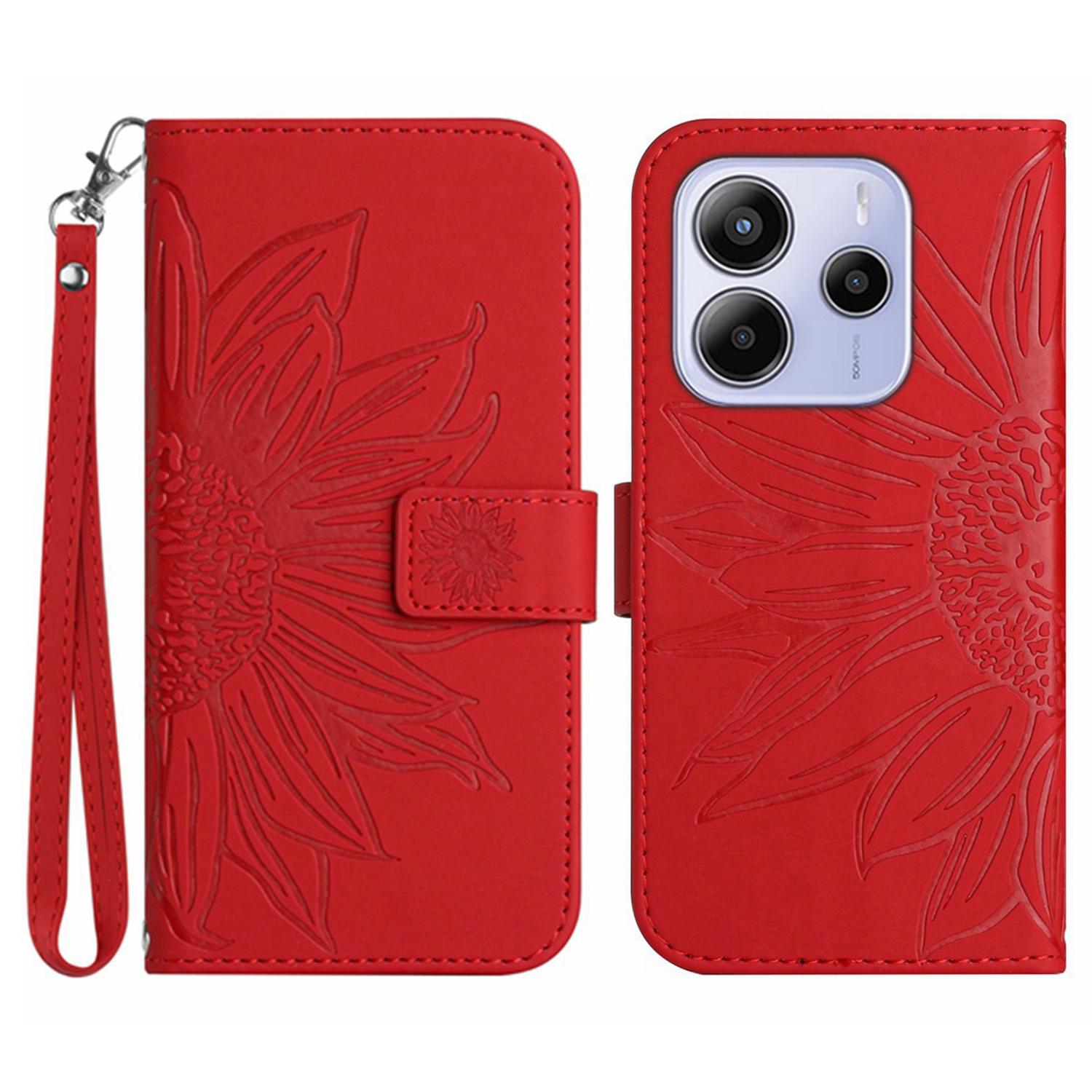 

Для Xiaomi Redmi Note 14 4G (164,84 мм) Чохол Шкіряний гаманець з тисненням Соняшник , чохол для телефону з ремінцем на зап ястя Red