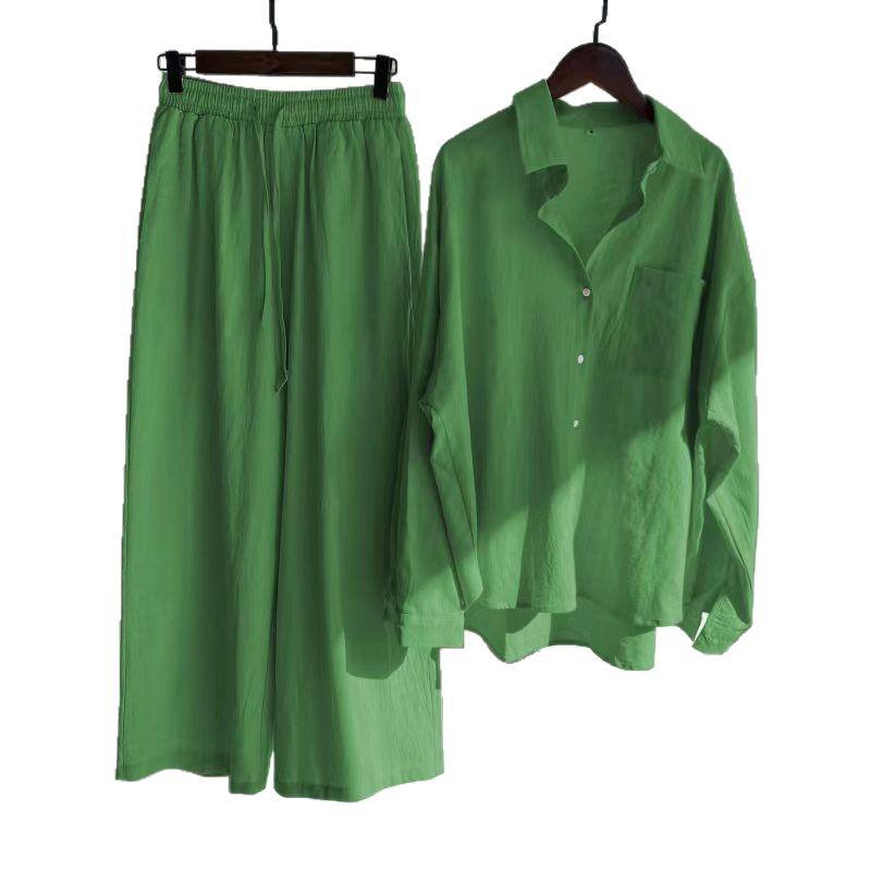 2025 Women's High Waist Two-Piece: Spring/Autumn Shirt & Loose Wide-Leg Pants Suit