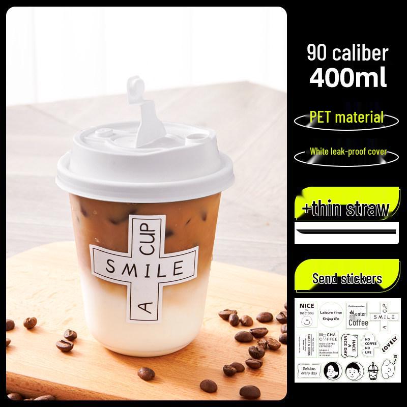 Transparent Disposable Coffee Cup with Lid, 90 Caliber, American Style for Cold Drinks, Milk Tea, Chubby Takeaway Cup